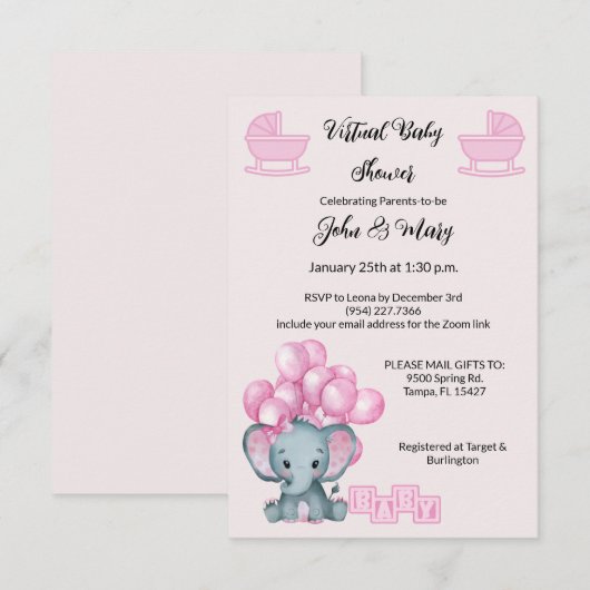 Virtuele Baby shower meisjes Kaart (Voorkant / Achterkant)