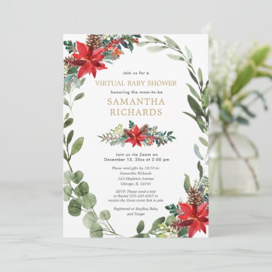 Virtuele baby shower met kerstrood groen leder kaart (Staand voorkant)