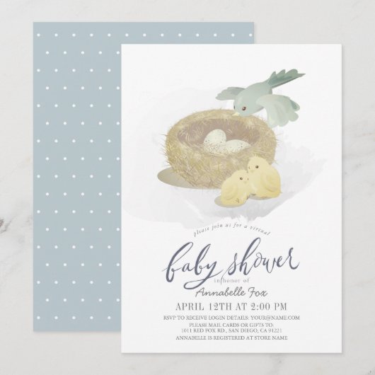 Virtuele Baby shower Nest Blue Boy van vogels Kaart (Voorkant / Achterkant)