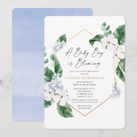 Virtuele baby shower veer blauw goudjongen kaart (Voorkant / Achterkant)