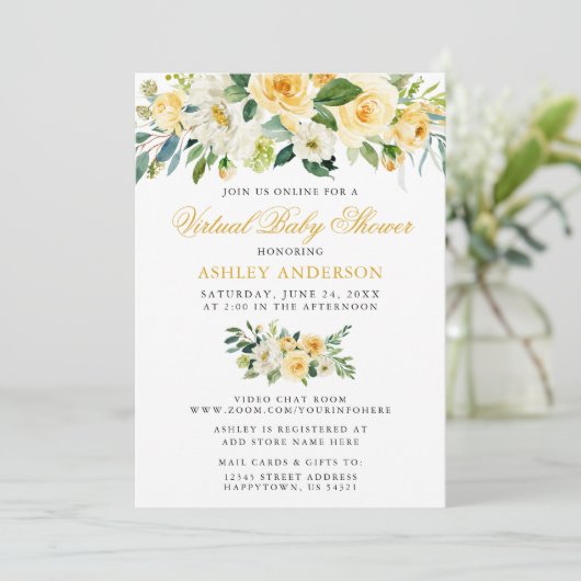 Virtuele Baby Shower Waterverf Gele Bloemen Kaart (Staand voorkant)