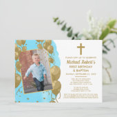 Virtuele Blauwe Gouden Doop 1e Verjaardag Tekst Fo Kaart (Staand voorkant)