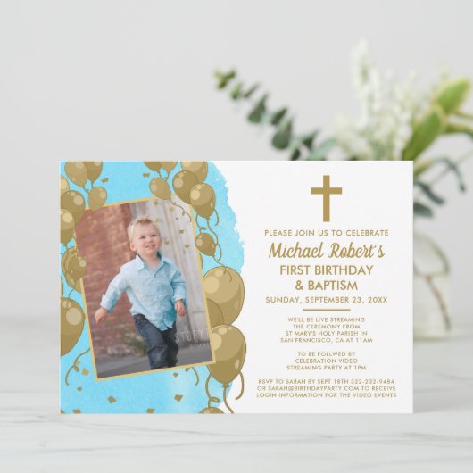 Virtuele Blauwe Gouden Doop 1e Verjaardag Tekst Fo Kaart (Staand voorkant)