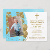 Virtuele Blauwe Gouden Doop 1e Verjaardag Tekst Fo Kaart (Voorkant / Achterkant)