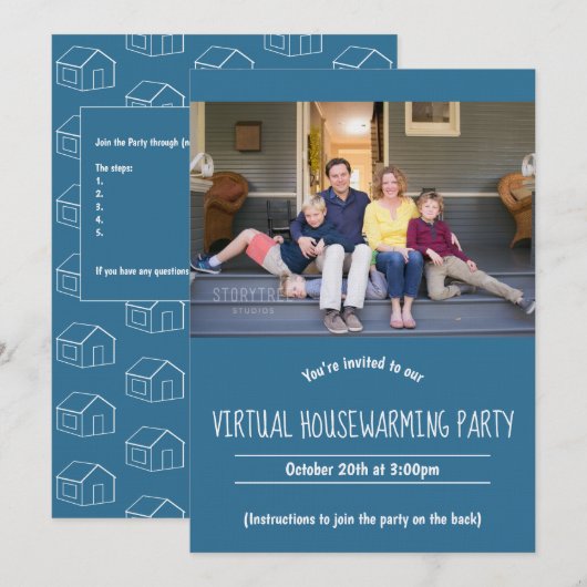 Virtuele blauwe witte fotouitnodiging voor opwarmi kaart (Voorkant / Achterkant)