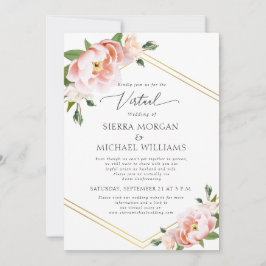 Virtuele Blush Bloemen Goud Stoffig Blauw Bruiloft Kaart