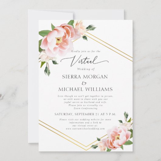 Virtuele Blush Bloemen Goud Stoffig Blauw Bruiloft Kaart (Voorkant)