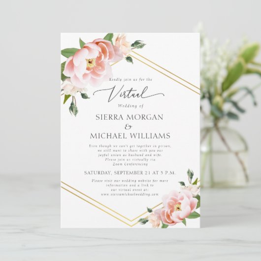 Virtuele Blush Bloemen Goud Stoffig Blauw Bruiloft Kaart (Staand voorkant)