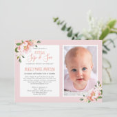 Virtuele Blush Roze Bloemen Foto Baby Meisje Douch Kaart (Staand voorkant)