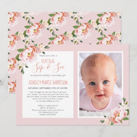 Virtuele Blush Roze Bloemen Foto Baby Meisje Douch Kaart (Voorkant / Achterkant)