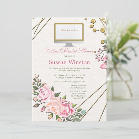 Virtuele bruids douche bloemen uitnodiging (Staand voorkant)
