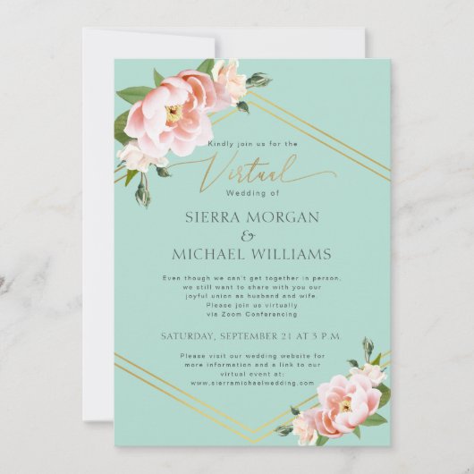 Virtuele Bruiloft Blush Bloemen Pioen Goud Mint Gr Kaart (Voorkant)