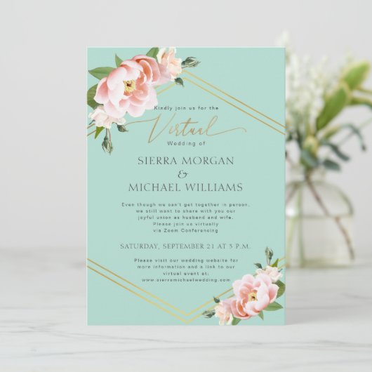 Virtuele Bruiloft Blush Bloemen Pioen Goud Mint Gr Kaart (Staand voorkant)