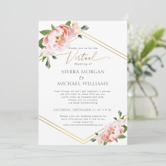 Virtuele Bruiloft Blush Pioen Bloemen Goud Mint Gr Kaart (Staand voorkant)