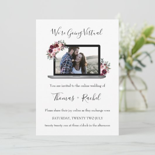 virtuele bruiloft laptop bordeaux bloem gebladerte kaart (Staand voorkant)