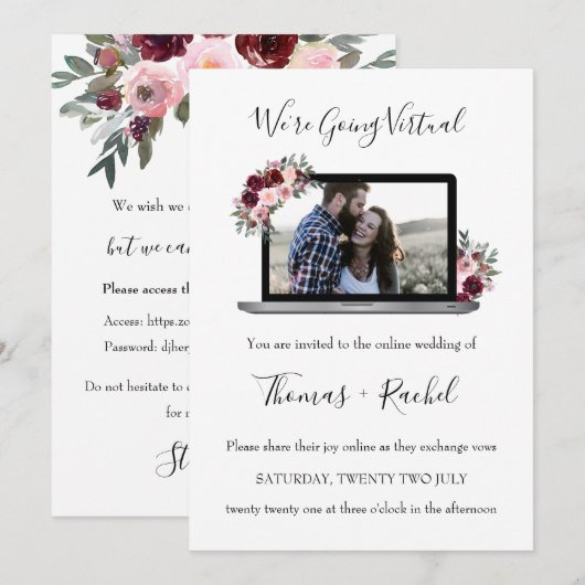 virtuele bruiloft laptop bordeaux bloem gebladerte kaart (Voorkant / Achterkant)