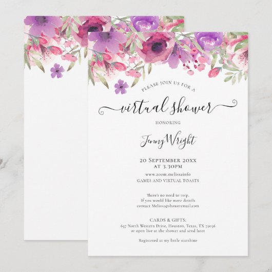 Virtuele Bruiloft of Baby Shower Waterverf Bloemen Kaart (Voorkant / Achterkant)