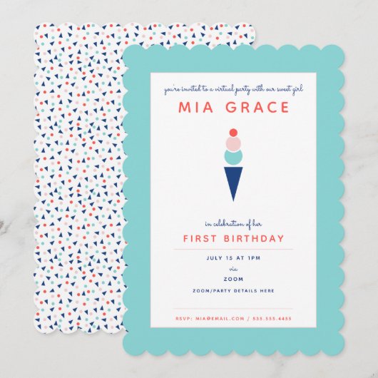 Virtuele Eerste Verjaardag Ijs Zoom Feest Aqua Kaart (Voorkant / Achterkant)