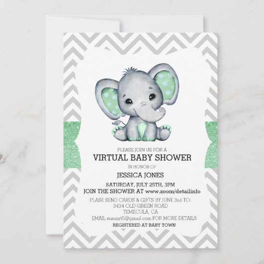 Virtuele Groene Olifant Chevron Glitter Baby Showe Kaart (Voorkant)