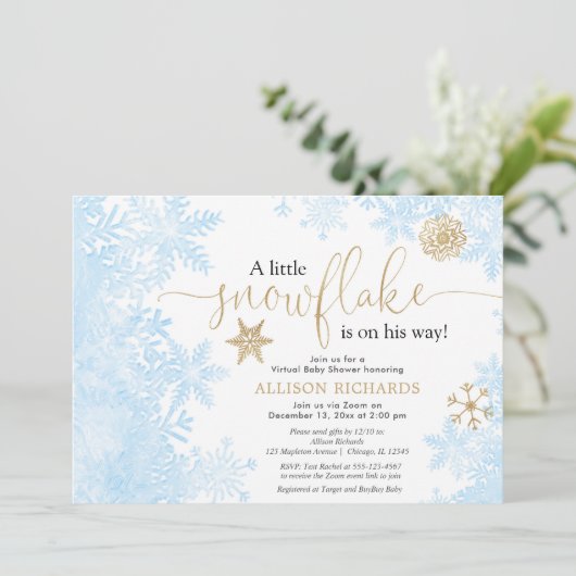Virtuele jongen baby shower blauw goud kleine snee kaart (Staand voorkant)