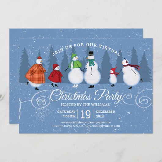 Virtuele Kerstfeest Sneeuwman Schaatsen Pijnbomen Kaart (Voorkant / Achterkant)