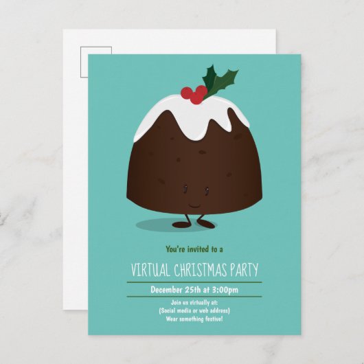 Virtuele kerstfeestdag - Blauwgroen witte Cartoon Uitnodiging Briefkaart (Voorkant / Achterkant)