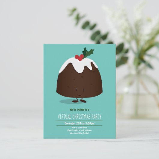 Virtuele kerstfeestdag - Blauwgroen witte Cartoon Uitnodiging Briefkaart (Staand voorkant)