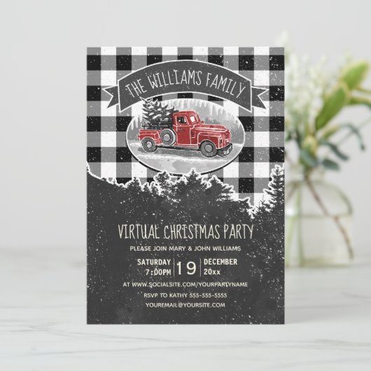 Virtuele kerstfeestdag  rode vrachtwagen geplakt kaart (Staand voorkant)