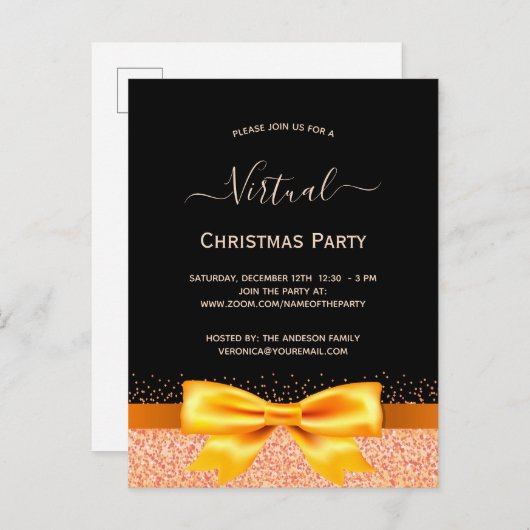 Virtuele kerstfeestdag roos gouden zwarte uitnodig briefkaart (Voorkant / Achterkant)