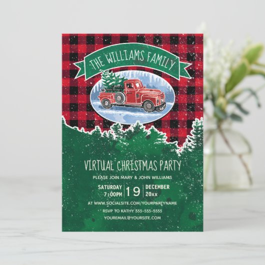 Virtuele kerstfeestdag  vrachtwagen rood geplakt kaart (Staand voorkant)