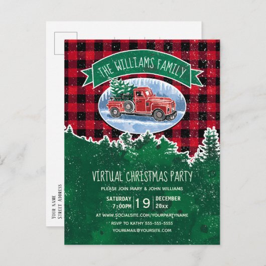 Virtuele kerstfeestdag vrachtwagen rood geplakt uitnodiging briefkaart (Voorkant / Achterkant)