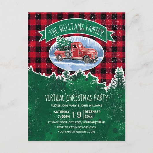 Virtuele kerstfeestdag vrachtwagen rood geplakt uitnodiging briefkaart (Voorkant)