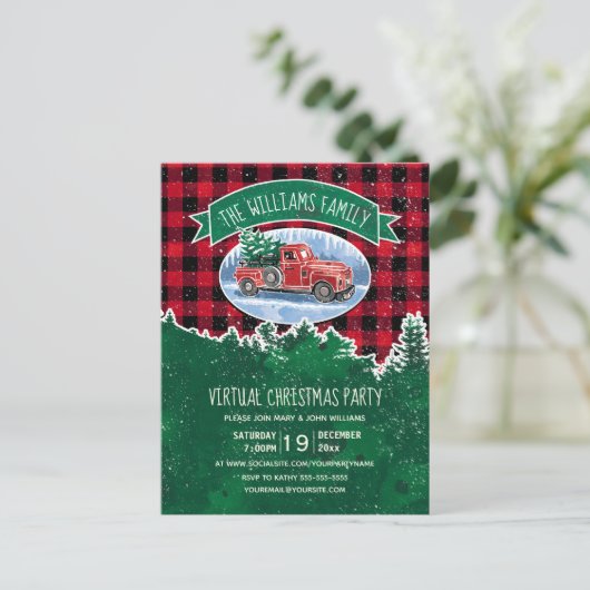 Virtuele kerstfeestdag  vrachtwagen rood geplakt uitnodiging briefkaart (Staand voorkant)