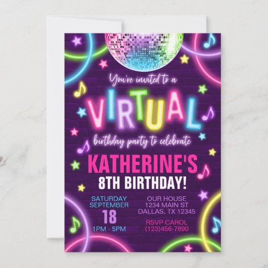 Virtuele neongloed in de uitnodiging voor een donk (Voorkant)