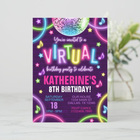 Virtuele neongloed in de uitnodiging voor een donk (Staand voorkant)