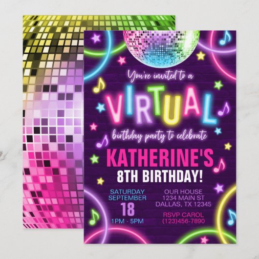 Virtuele neongloed in de uitnodiging voor een donk (Voorkant / Achterkant)