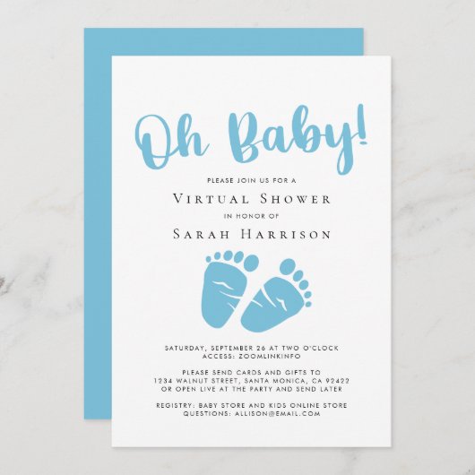 Virtuele Oh Baby Boy Shower Blue Feet Kaart (Voorkant / Achterkant)