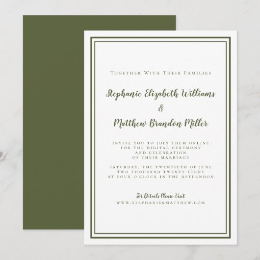 Virtuele Online Cyber Bruiloft Olijfgroen Eenvoudi Kaart (Voorkant / Achterkant)