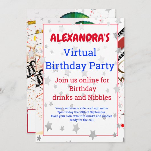 Virtuele online videoband Zilver Stars Birthday Kaart (Voorkant / Achterkant)