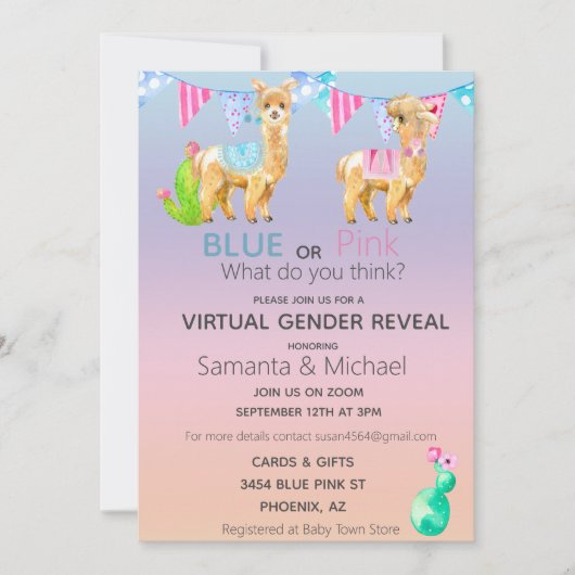 Virtuele roze blauwe lama Waterverf Kaart (Voorkant)