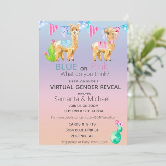 Virtuele roze blauwe lama Waterverf Kaart (Staand voorkant)