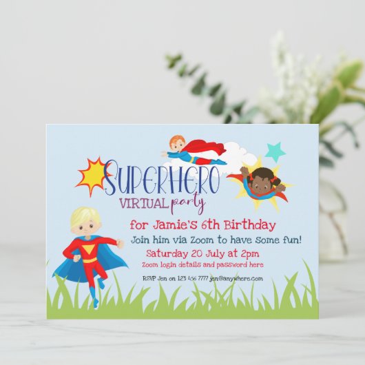 Virtuele superheld verjaardagsfeestje voor kindere kaart (Staand voorkant)