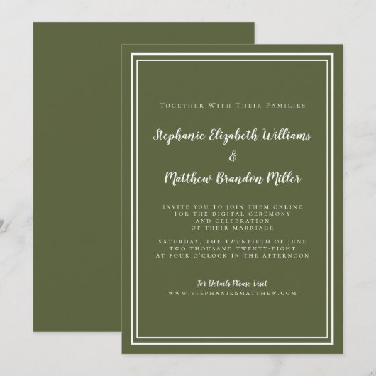 Virtuele trouwdatum olijfgroen minimalistische liv kaart (Voorkant / Achterkant)