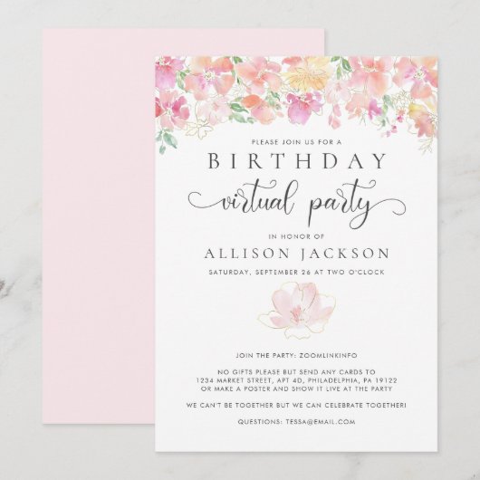 Virtuele verjaardag | Moderne roze goudbloemen Kaart (Voorkant / Achterkant)