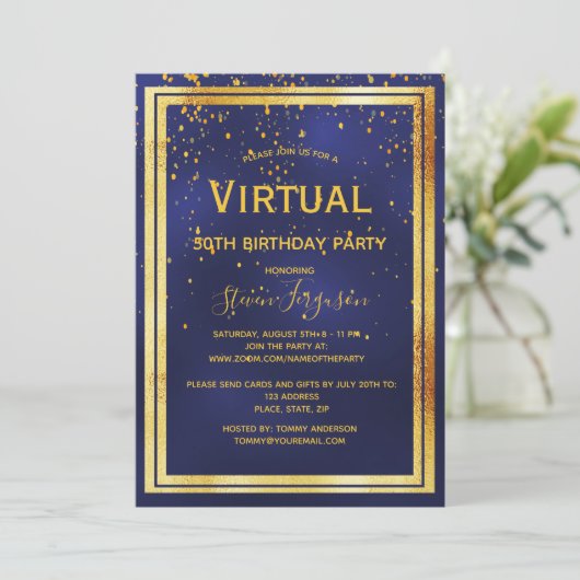 Virtuele verjaardagsfeestdag 50e blauwe gouden con kaart (Staand voorkant)