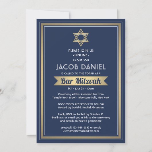 Virtuele Zoom Bar Mitzvah Marine Blauw Wit & Goud Kaart (Voorkant)