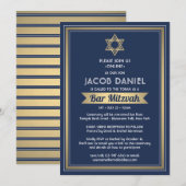 Virtuele Zoom Bar Mitzvah Marine Blauw Wit & Goud Kaart (Voorkant / Achterkant)
