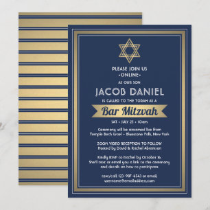 Virtuele Zoom Bar Mitzvah Marine Blauw Wit & Goud Kaart