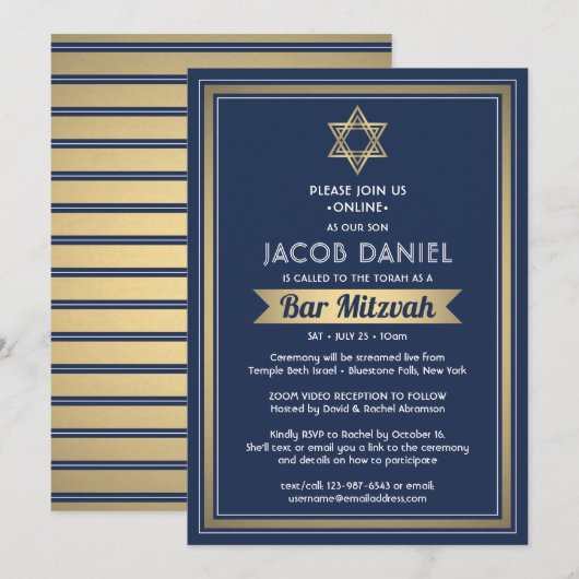 Virtuele Zoom Bar Mitzvah Marine Blauw Wit & Goud Kaart (Voorkant / Achterkant)