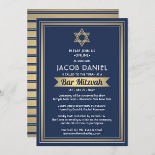 Virtuele Zoom Bar Mitzvah Marine Blauw Wit & Goud Kaart